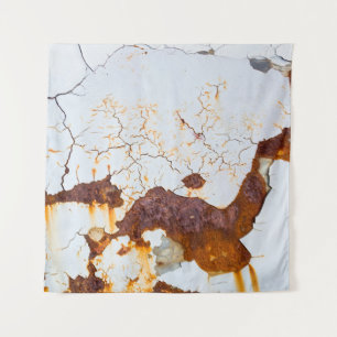 Cracked white paint, rusty car. tapestry