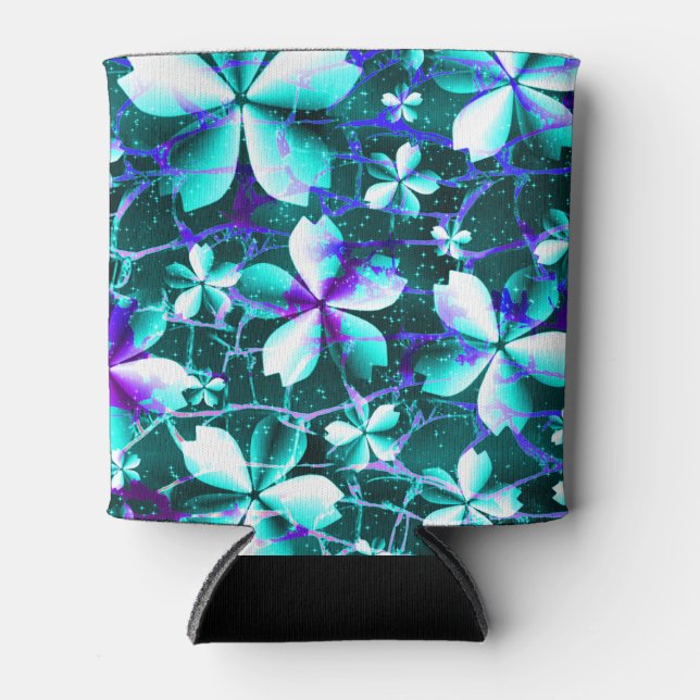 Crackle Flower Pattern Blue Purple Teal Can Cooler (Front)