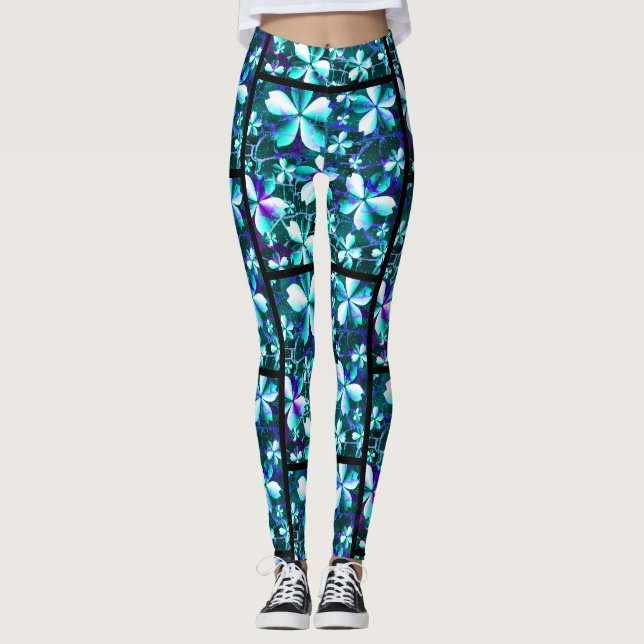 Crackle Flower Pattern Blue Purple Teal Leggings (Front)
