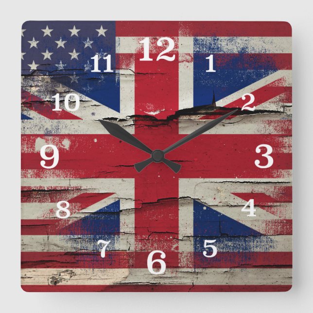 Crackle Paint | British American Flag Square Wall Clock (Front)