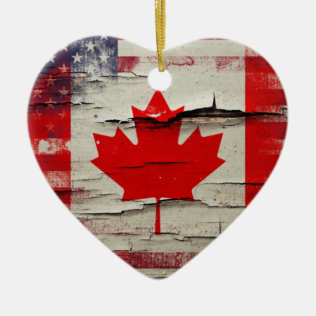 Crackle Paint | Canadian American Flag Ceramic Tree Decoration (Front)