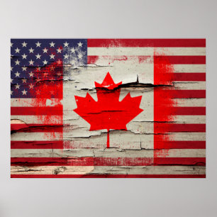 Crackle Paint   Canadian American Flag Poster