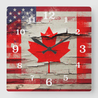 Crackle Paint | Canadian American Flag Square Wall Clock
