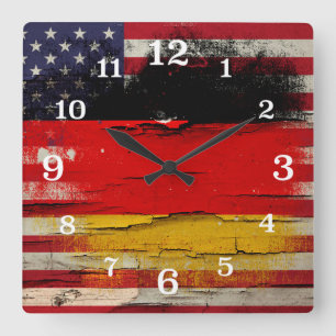 Crackle Paint   German American Flag Square Wall Clock