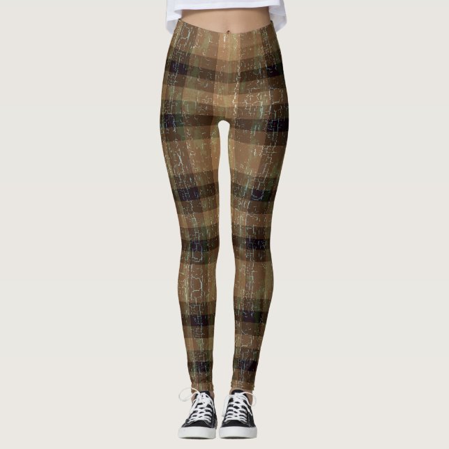 Crackle Plaid Orange and Brown Leggings (Front)