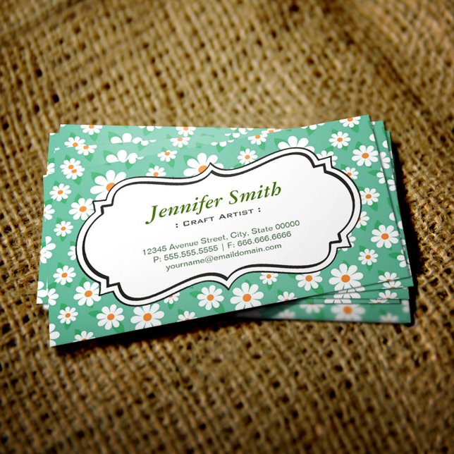 Craft Artist Elegant Green and White Daisy Business Card (Creator Uploaded)