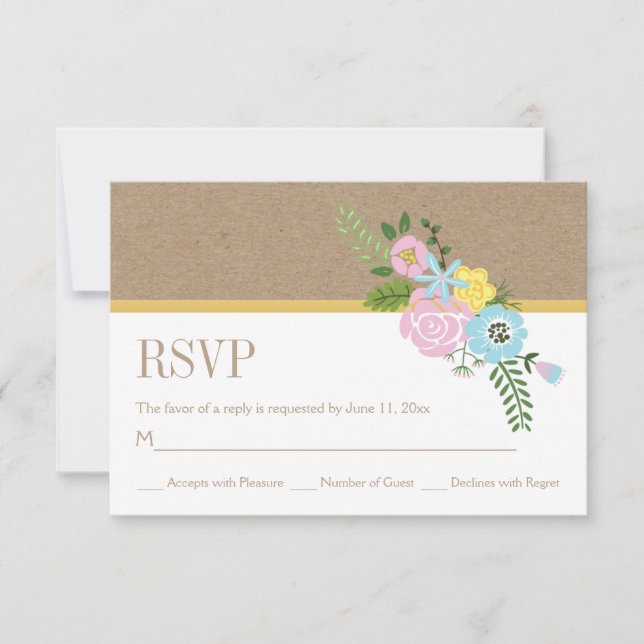 Craft paper and pink, aqua flowers wedding RSVP (Front)