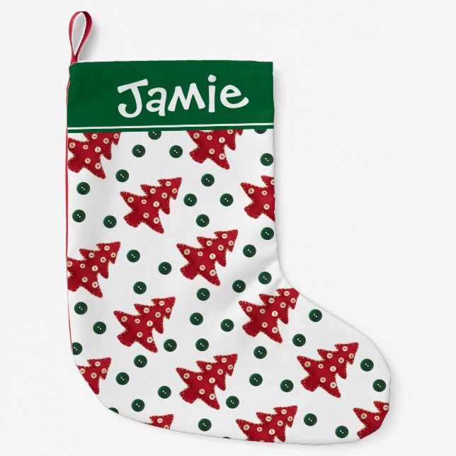 Craft Red Christmas Trees and Buttons Personalised Small Christmas Stocking (Front)