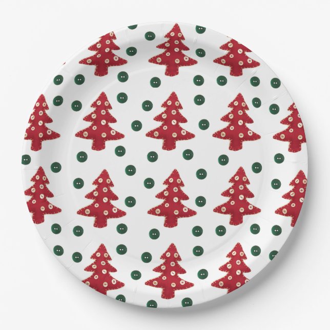 Craft Red Christmas Trees Button Baubles Paper Plate (Front)
