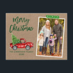 Craft Tape Brush Script Truck Kraft Christmas Postcard<br><div class="desc">Modern Brush Script Watercolor Vintage Red Truck with Christmas Tree Merry Christmas Family Photo Postcard - Rustic Kraft Paper,  Green Snowflake Craft Tape</div>