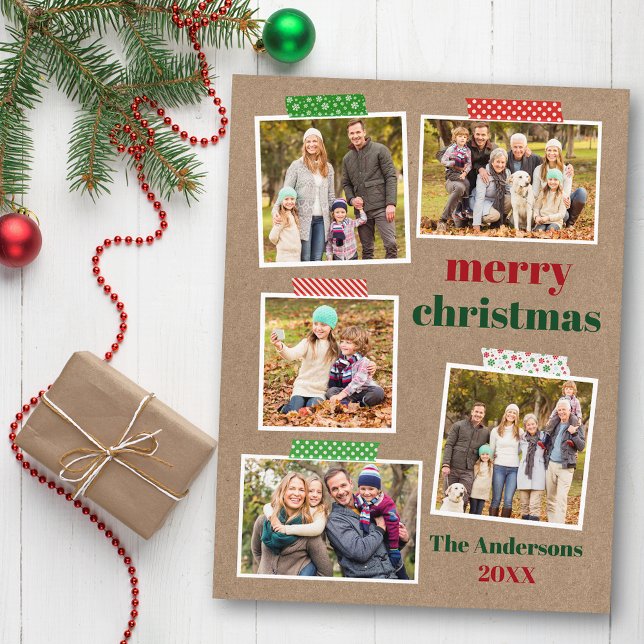 Craft Tape Merry Christmas 5 Photo Kraft Postcard (Customize to change your personalized text size or text style.)