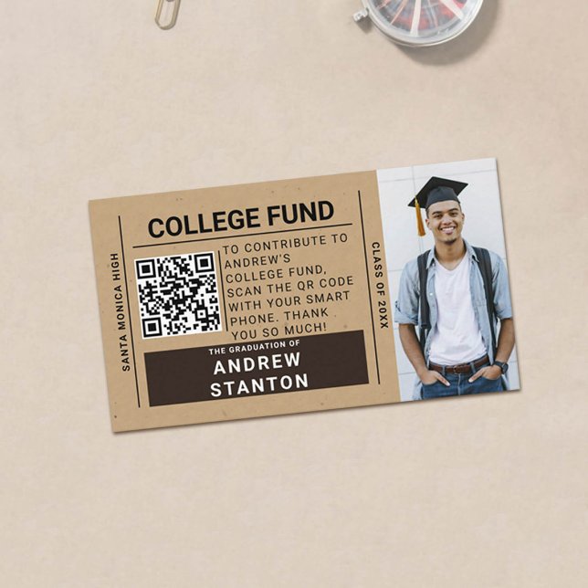 Craft Tartan Plaid Boy Graduation College Fund QR Enclosure Card (rustic craft graduation photo college fund enclosure card)