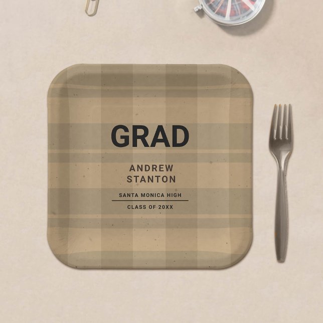 Craft Tartan Plaid Modern Simple Boy Graduation Paper Plate (rustic craft tartan plaid graduation personalized paper plate)