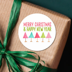 Crafted Christmas Trees, Pink Red Green Design Classic Round Sticker