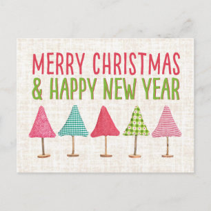 Crafted Christmas Trees, Pink Red Green Linen Holiday Postcard