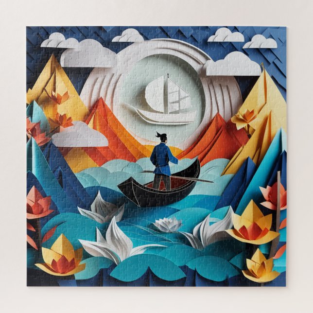 Crafted paper-cut style a man on a boat. jigsaw puzzle (Vertical)