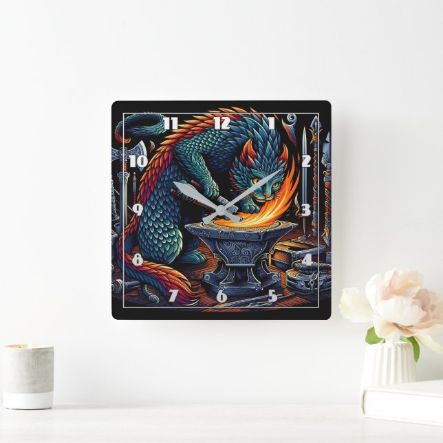 Crafting Flames: Cat Blacksmith at Work Square Wall Clock (Home)