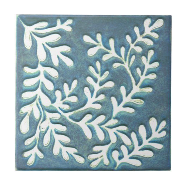 Craftsman Ceramic tile, Blue & white leaves Cerami Ceramic Tile (Front)