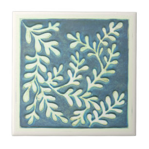 Craftsman Ceramic tile, Blue & white leaves Ceramic Tile