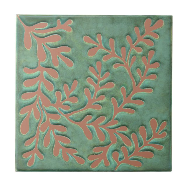 Craftsman Ceramic tile, green & blush leaves Ceramic Tile (Front)