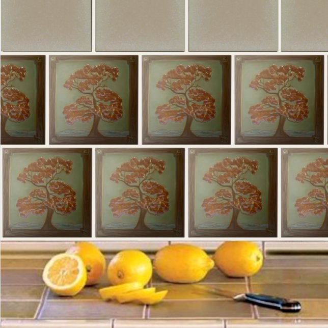 Craftsman Oak Tree Ceramic Tile (Oak Tree tiles on a kitchen backsplash with Taupe speckled tile.)