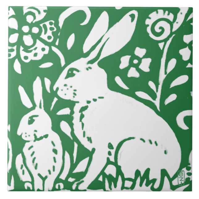 Craftsman Style Rabbit Bunny Emerald Green Floral Ceramic Tile (Front)