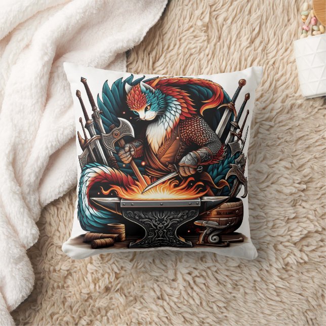 Crafty Cat Blacksmith in Colourful Fantasy Worksho Cushion (Blanket)