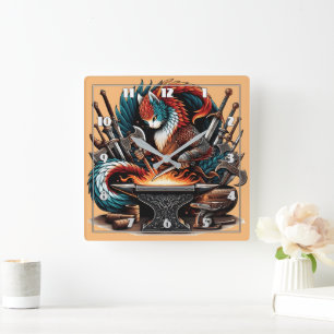 Crafty Cat Blacksmith in Colourful Fantasy Worksho Square Wall Clock