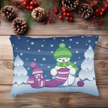 Crafty Snowman Knitting Scarf Decorative Cushion<br><div class="desc">Vector illustration of two adorable cartoon snowmen dressed in knitted hats and scarves. The big crafty snowman is knitting an oversized scarf for the little one. The scarf is already wrapped several times around the cute little snowman.</div>