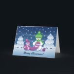 Crafty Snowman Knitting Scarf Holiday Card<br><div class="desc">Vector illustration of two adorable cartoon snowmen dressed in knitted hats and scarves. The big crafty snowman is knitting an oversized scarf for the little one. The scarf is already wrapped several times around the cute little snowman.</div>