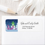 Crafty Snowman Knitting Scarf Return Address Label<br><div class="desc">Vector illustration of two adorable cartoon snowmen dressed in knitted hats and scarves. The big crafty snowman is knitting an oversized scarf for the little one. The scarf is already wrapped several times around the cute little snowman.</div>
