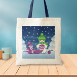 Crafty Snowman Knitting Scarf Tote Bag<br><div class="desc">Vector illustration of two adorable cartoon snowmen dressed in knitted hats and scarves. The big crafty snowman is knitting an oversized scarf for the little one. The scarf is already wrapped several times around the cute little snowman.</div>