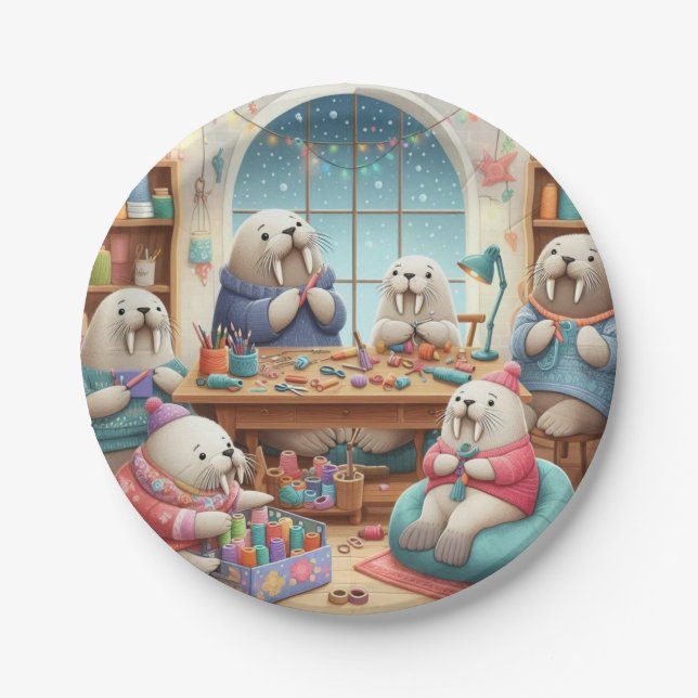 Crafty Walrus Birthday Bash Paper Plates (Front)