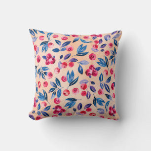 Cranberries and leaves, watercolor red wild berrie cushion