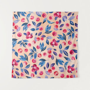 Cranberries and leaves, watercolor red wild berrie tapestry