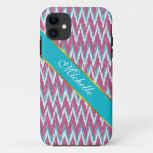 Cranberry and Teal iKat ZigZag Pattern iPhone 11 Case