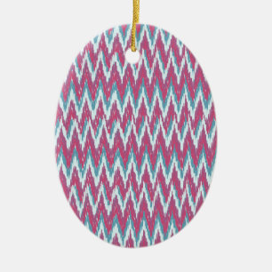 Cranberry and Teal iKat ZigZag Pattern Ceramic Ornament