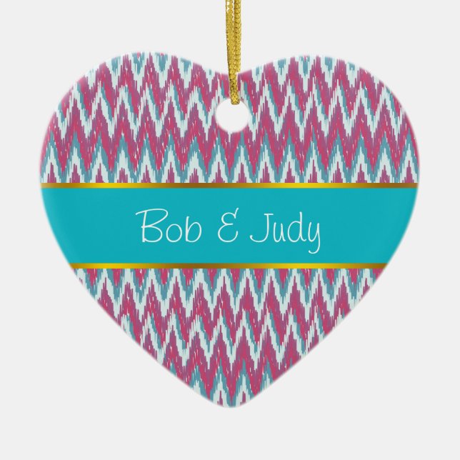 Cranberry and Teal iKat ZigZag Pattern Ceramic Ornament (Front)