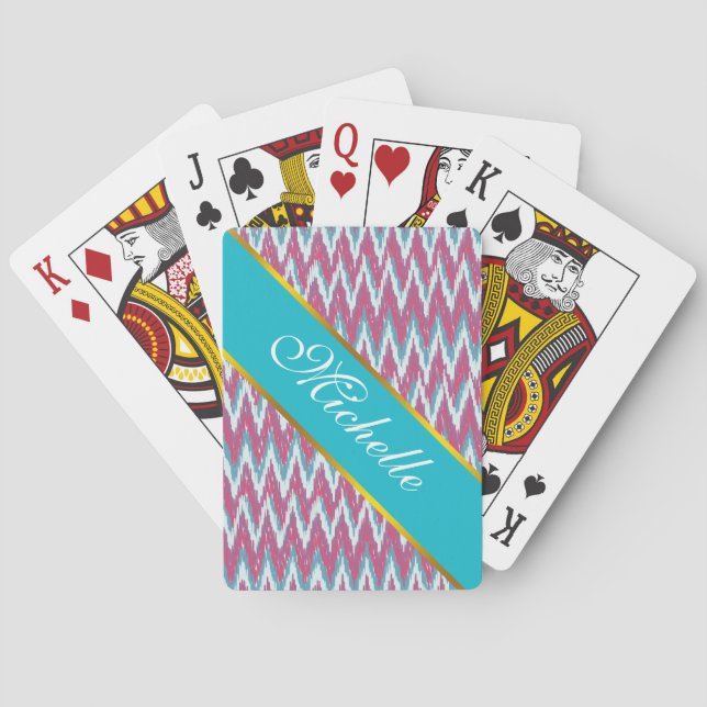 Cranberry and Teal iKat ZigZag Pattern Playing Cards (Back)