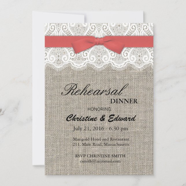 Cranberry Bow and Lace Wedding Rehearsal Dinner Invitation (Front)