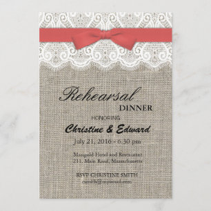 Cranberry Bow and Lace Wedding Rehearsal Dinner Invitation