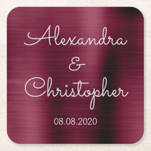 Cranberry Burgundy Elegant Wedding or Reception Square Paper Coaster