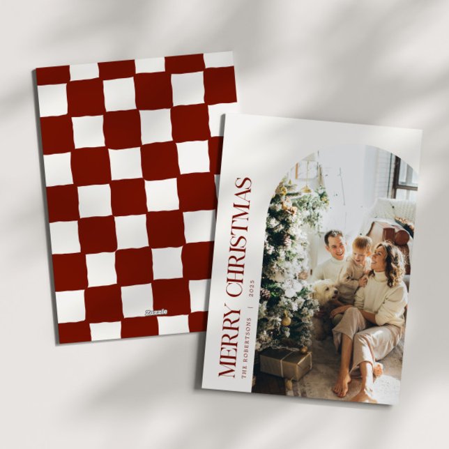 Cranberry Chequered Christmas Family Photo Holiday Card (Creator Uploaded)