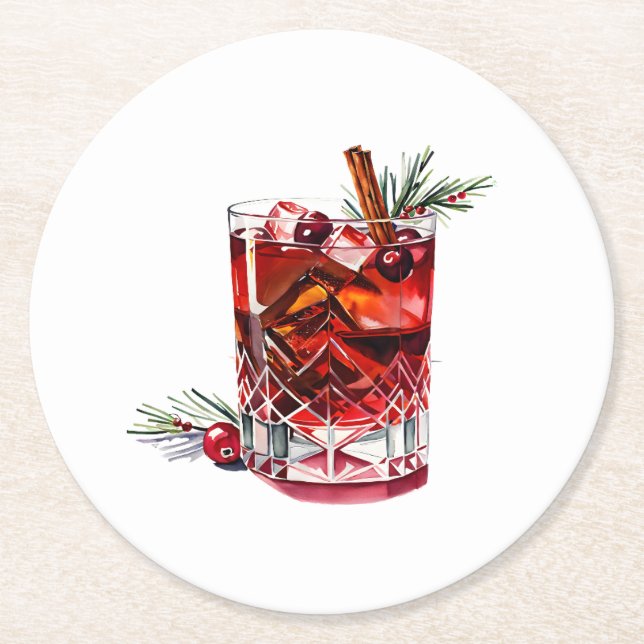 Cranberry Cinnamon Whiskey Sour Cocktail Round Paper Coaster (Front)