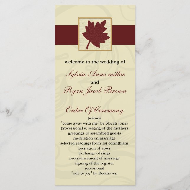 cranberry fall leaf fall autumn wedding program (Front)