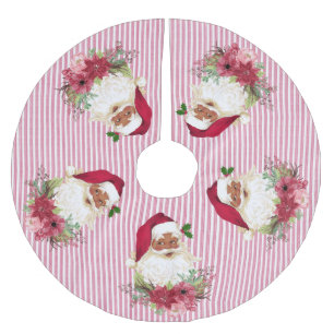 Cranberry Floral Black Santa Stripe Poinsettia Brushed Polyester Tree Skirt