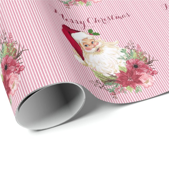 Cranberry Floral Santa Claus Stripe Poinsettia Wrapping Paper (Roll Corner)