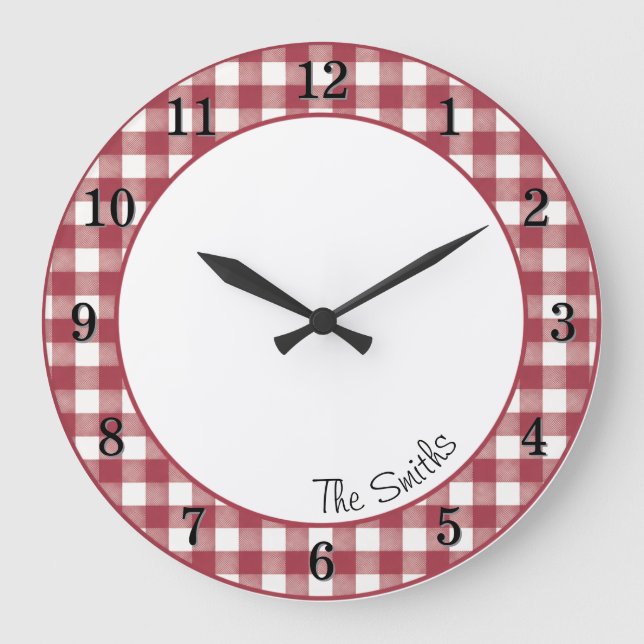 Cranberry Gingham Farmhouse Kitchen Clock w/Name (Front)