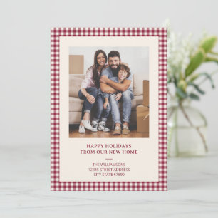 Cranberry Gingham New Home Address Christmas Photo Holiday Card
