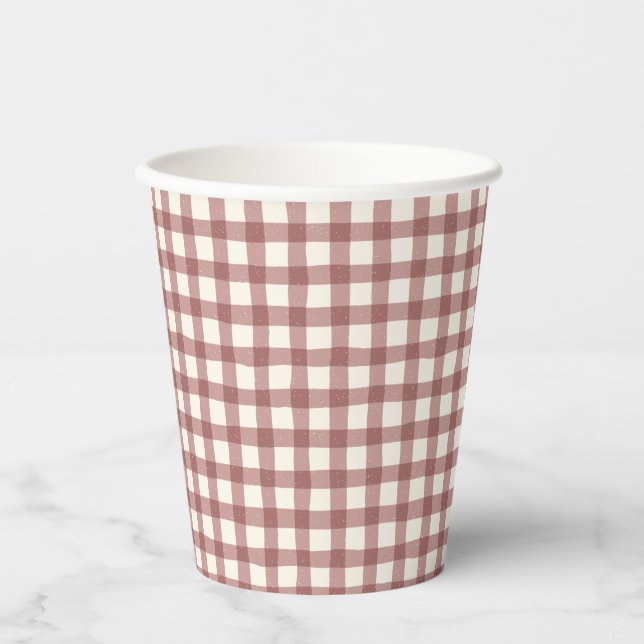 Cranberry Gingham Red Maroon Paper Cups (Front)